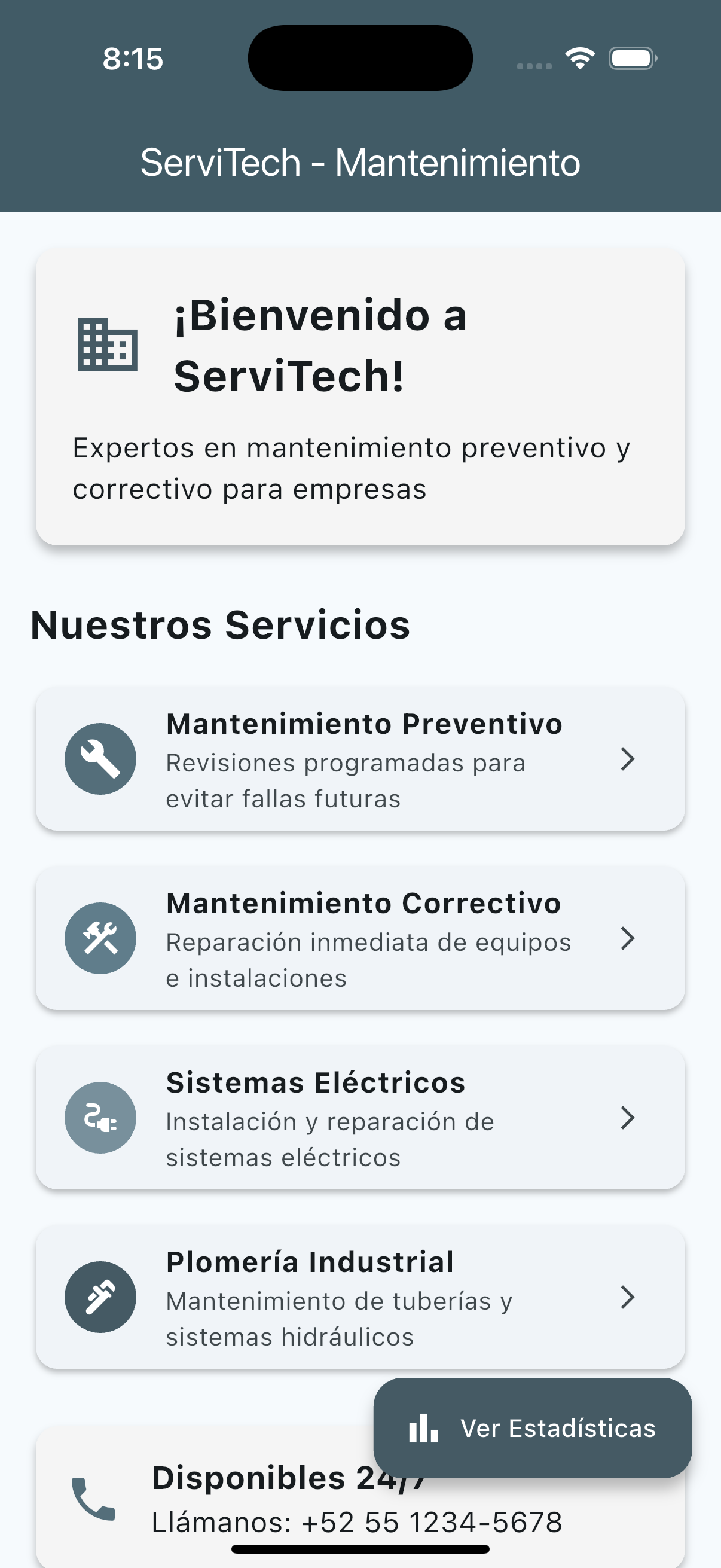 Pantalla principal de la app móvil